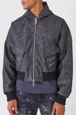 boohooMAN Boxy Washed Pu Hooded Bomber | UK| Coats & Jackets
