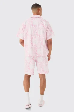 boohooMAN Boxy Worldwide Printed Pleated Shirt & Short | UK| Sets & Co-Ords