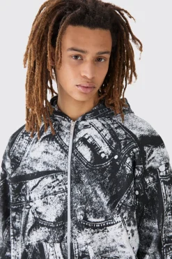 boohooMAN Boxy Zip Through Printed Heavyweight Waffle Hoodie | UK| Hoodies & Sweatshirts