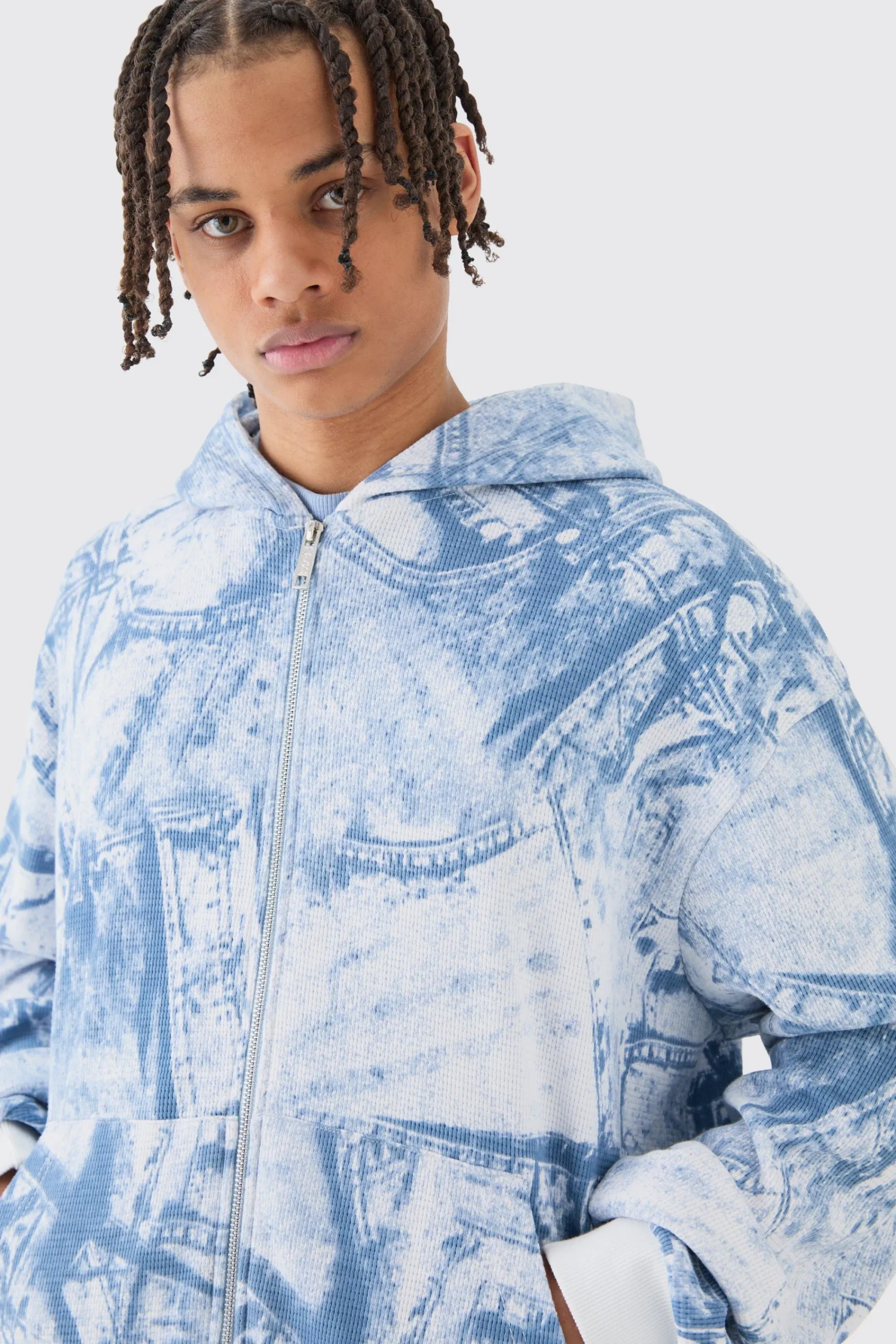 boohooMAN Boxy Zip Through Printed Heavyweight Waffle Hoodie | UK| Hoodies & Sweatshirts