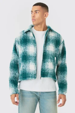 boohooMAN Brushed Check Collared Harrington Jacket In | UK| Coats & Jackets