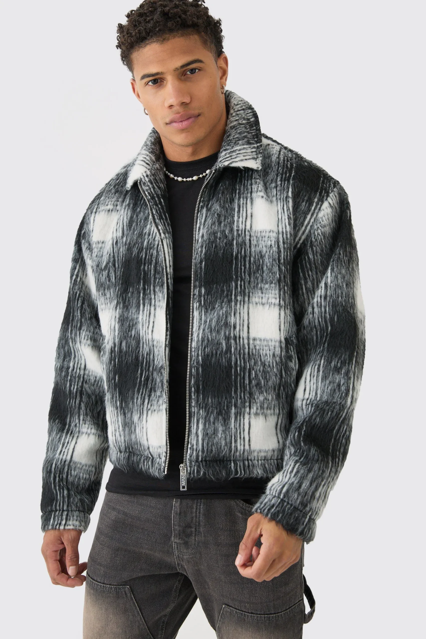 boohooMAN Brushed Check Collared Harrington Jacket In | UK| Coats & Jackets