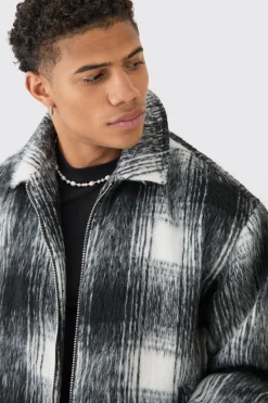 boohooMAN Brushed Check Collared Harrington Jacket In | UK| Coats & Jackets