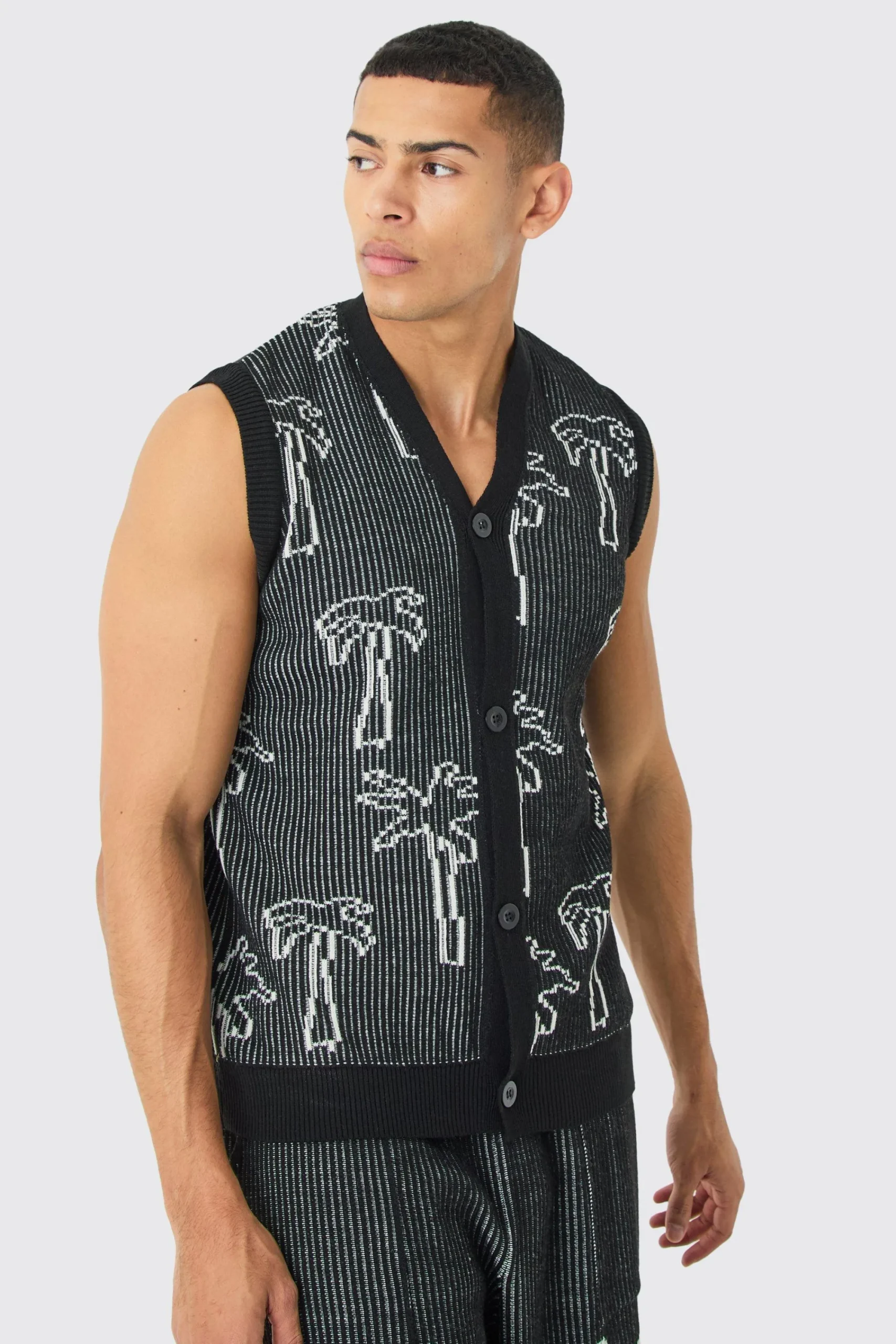 boohooMAN Button Through Palm Ribbed Knit Vest | UK| Knitwear
