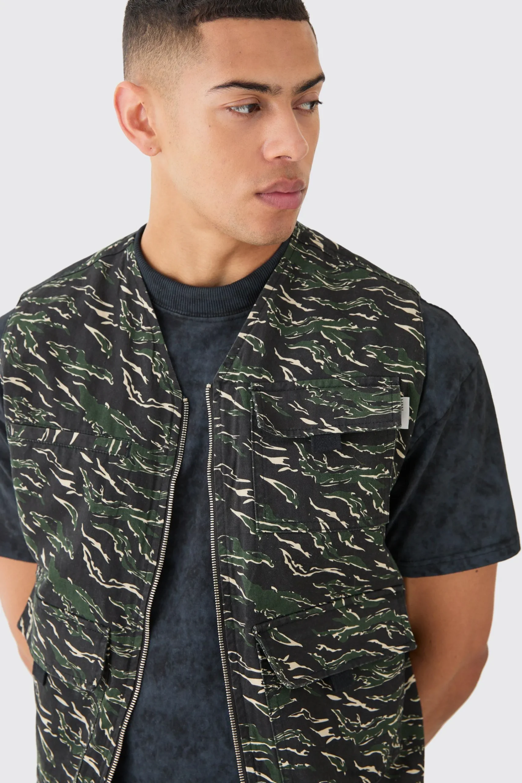 boohooMAN Camo Twill Utility Vest In | UK| Coats & Jackets