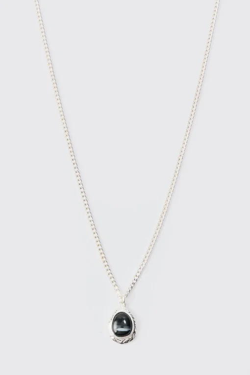 boohooMAN Chain Necklace With Black Marble Pendant | UK| Jewellery & Watches