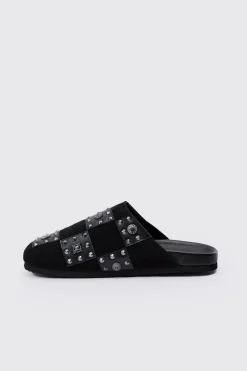boohooMAN Checkered Metal Detail Mule In | UK| Sliders & Slippers