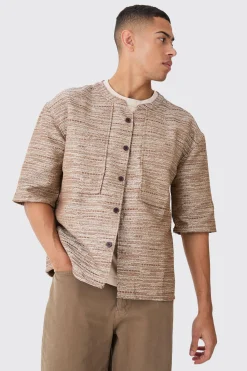boohooMAN Collarless Drop Shoulder Oversized Boucle Shirt | UK| Shirts
