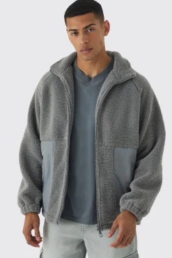 boohooMAN Colour Block Borg And Nylon Jacket In | UK| Coats & Jackets