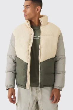 boohooMAN Colour Block Funnel Neck Puffer In | UK| Coats & Jackets