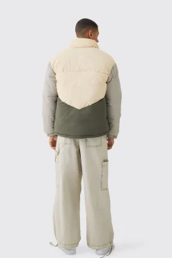 boohooMAN Colour Block Funnel Neck Puffer In | UK| Coats & Jackets