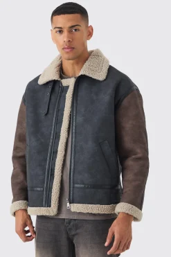 boohooMAN Contrast Sleeve Borg Aviator Jacket In | UK| Coats & Jackets