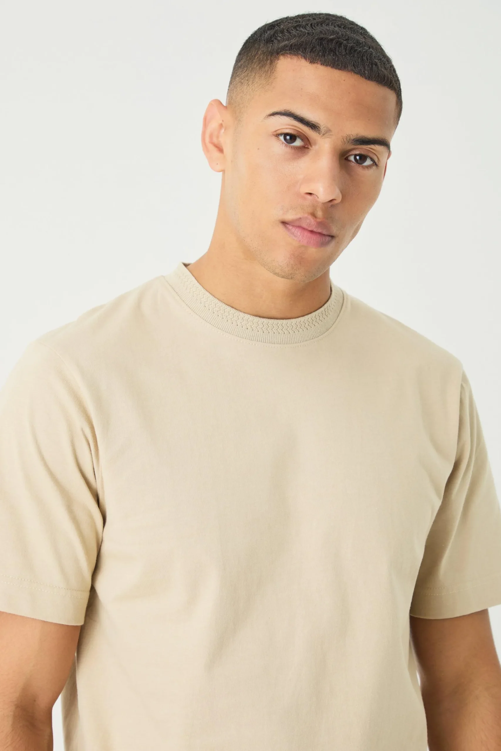 Core Heavy Jacqaurd Neck T-shirt | UK^boohooMAN Clearance