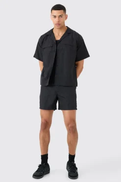 boohooMAN Crinkle Nylon Pocket Shirt & Short Set | UK| Sets & Co-Ords
