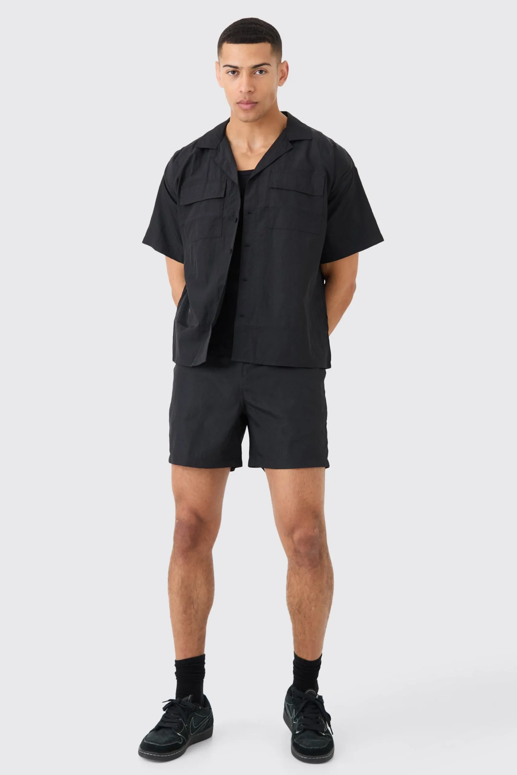 boohooMAN Crinkle Nylon Pocket Shirt & Short Set | UK| Sets & Co-Ords