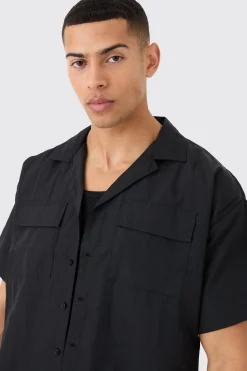 boohooMAN Crinkle Nylon Pocket Shirt & Short Set | UK| Sets & Co-Ords