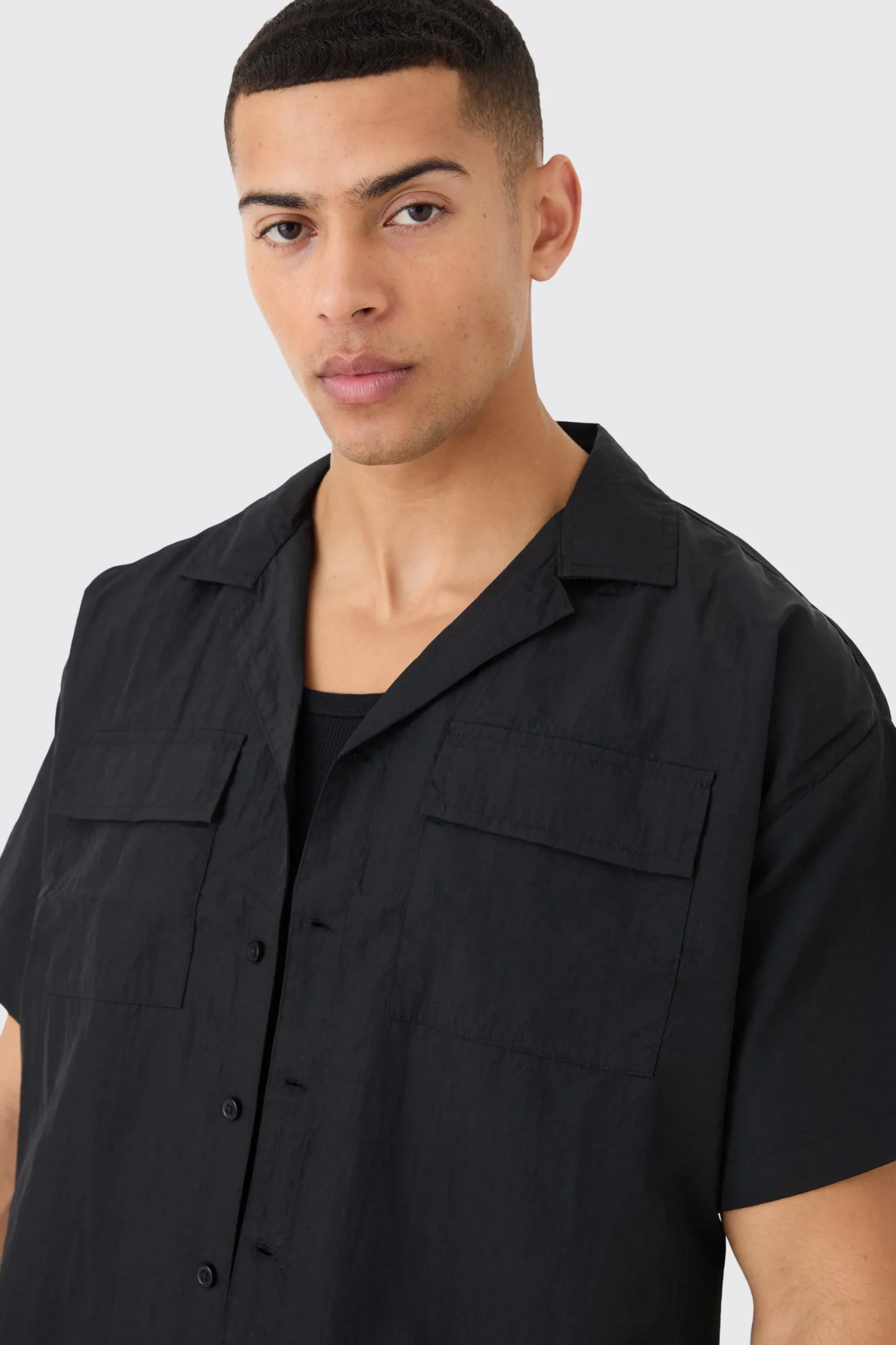 boohooMAN Crinkle Nylon Pocket Shirt & Short Set | UK| Sets & Co-Ords