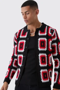 boohooMAN Crochet Long Sleeve Knitted Overshirt | UK| Shirts|Knitwear