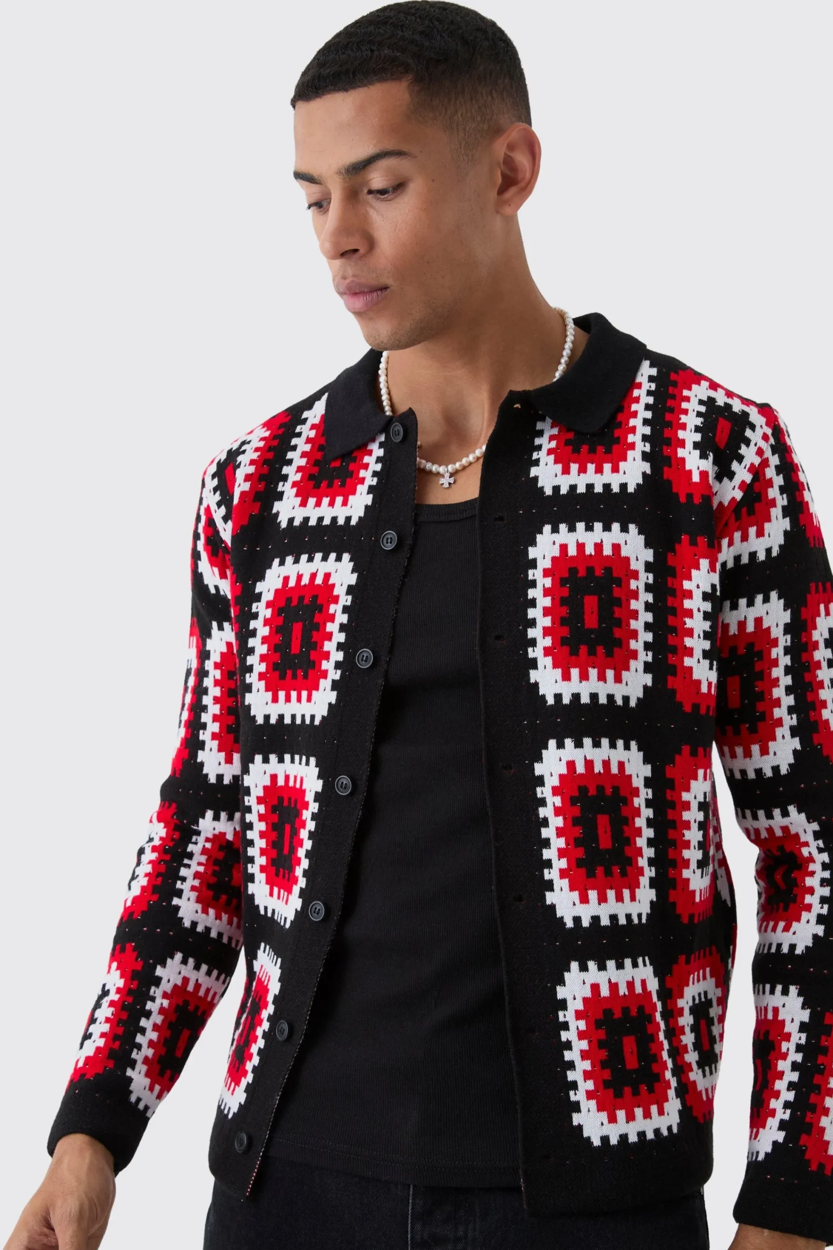 boohooMAN Crochet Long Sleeve Knitted Overshirt | UK| Shirts|Knitwear