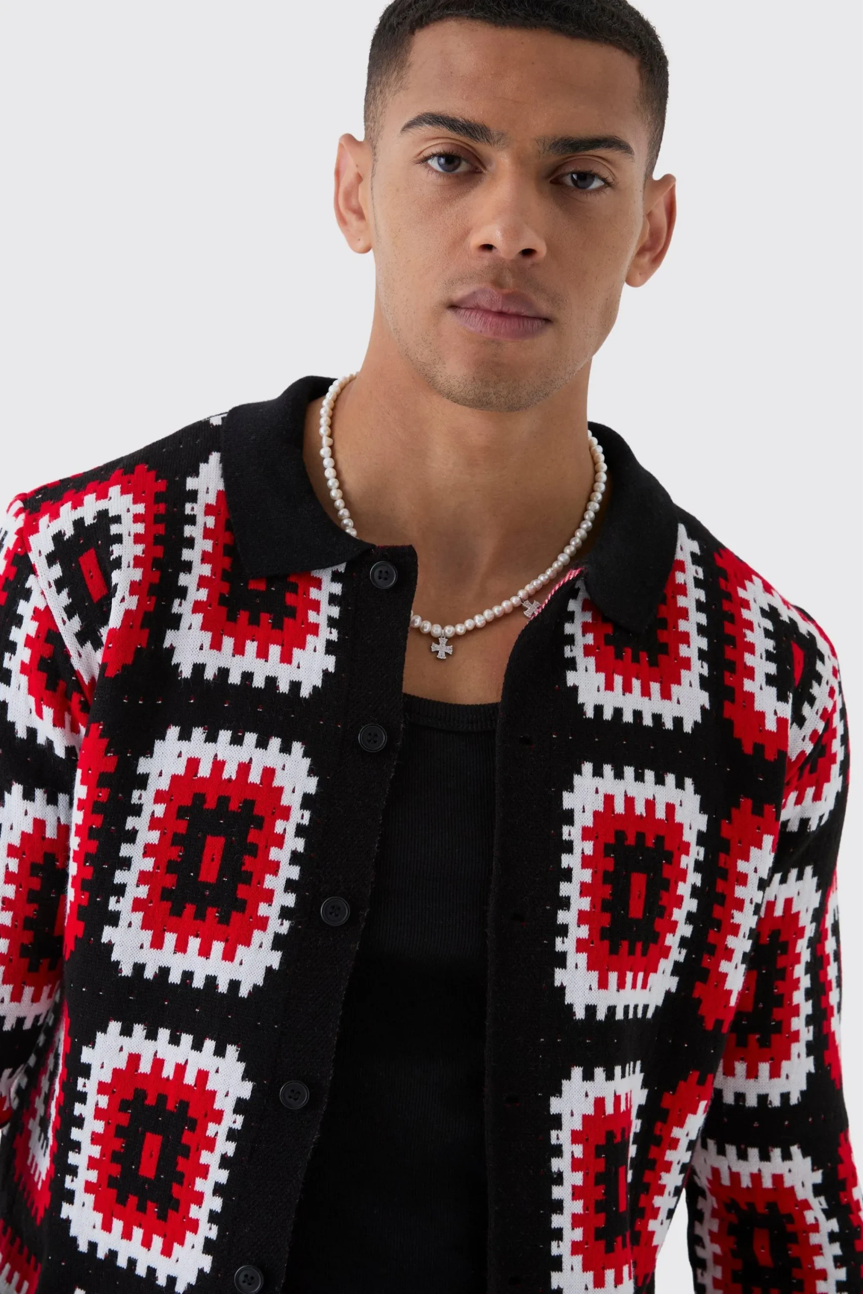 boohooMAN Crochet Long Sleeve Knitted Overshirt | UK| Shirts|Knitwear