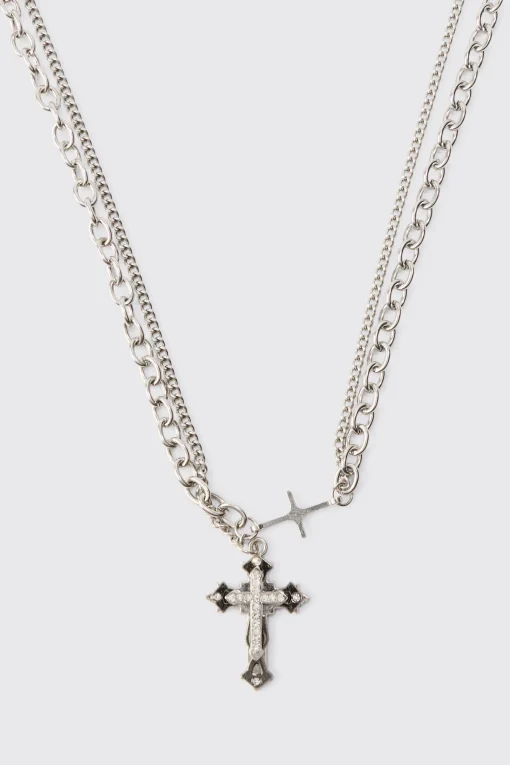 boohooMAN Cross Pendant Multi Layer Necklace | UK| Jewellery & Watches