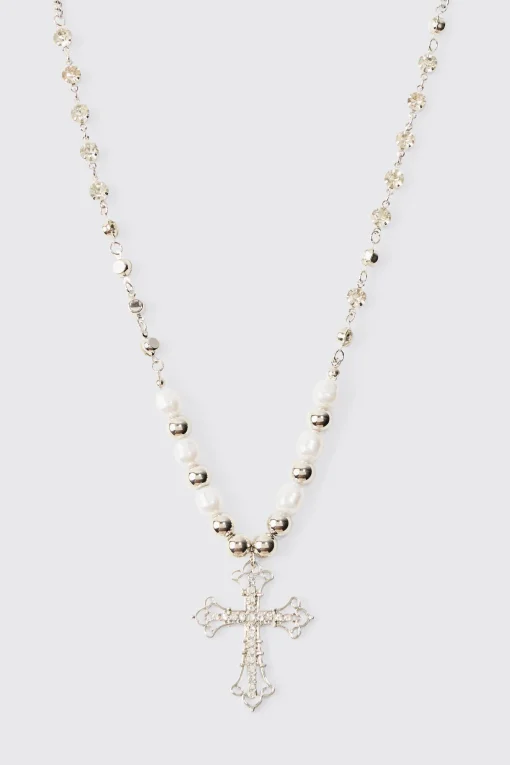 boohooMAN Cross Pendant Pearl And Metal Bead Necklace | UK| Jewellery & Watches