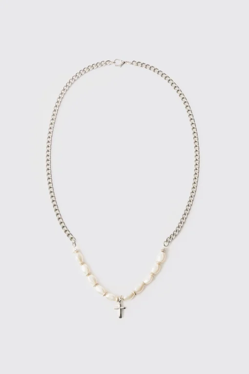 boohooMAN Cross Pendant Pearl Necklace | UK| Jewellery & Watches