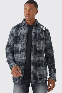 boohooMAN Distressed Hem Panel And Badge Check Shirt | UK| Shirts