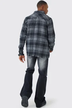 boohooMAN Distressed Hem Panel And Badge Check Shirt | UK| Shirts