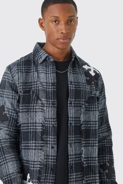 boohooMAN Distressed Hem Panel And Badge Check Shirt | UK| Shirts