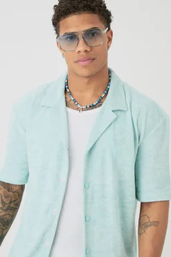 boohooMAN Drop Revere Towelling Embroidered Shirt And Short Set | UK| Sets & Co-Ords