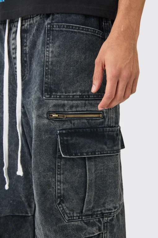 boohooMAN Elastic Waist Acid Wash Parachute Cargo Jeans In | UK| Trousers|Jeans