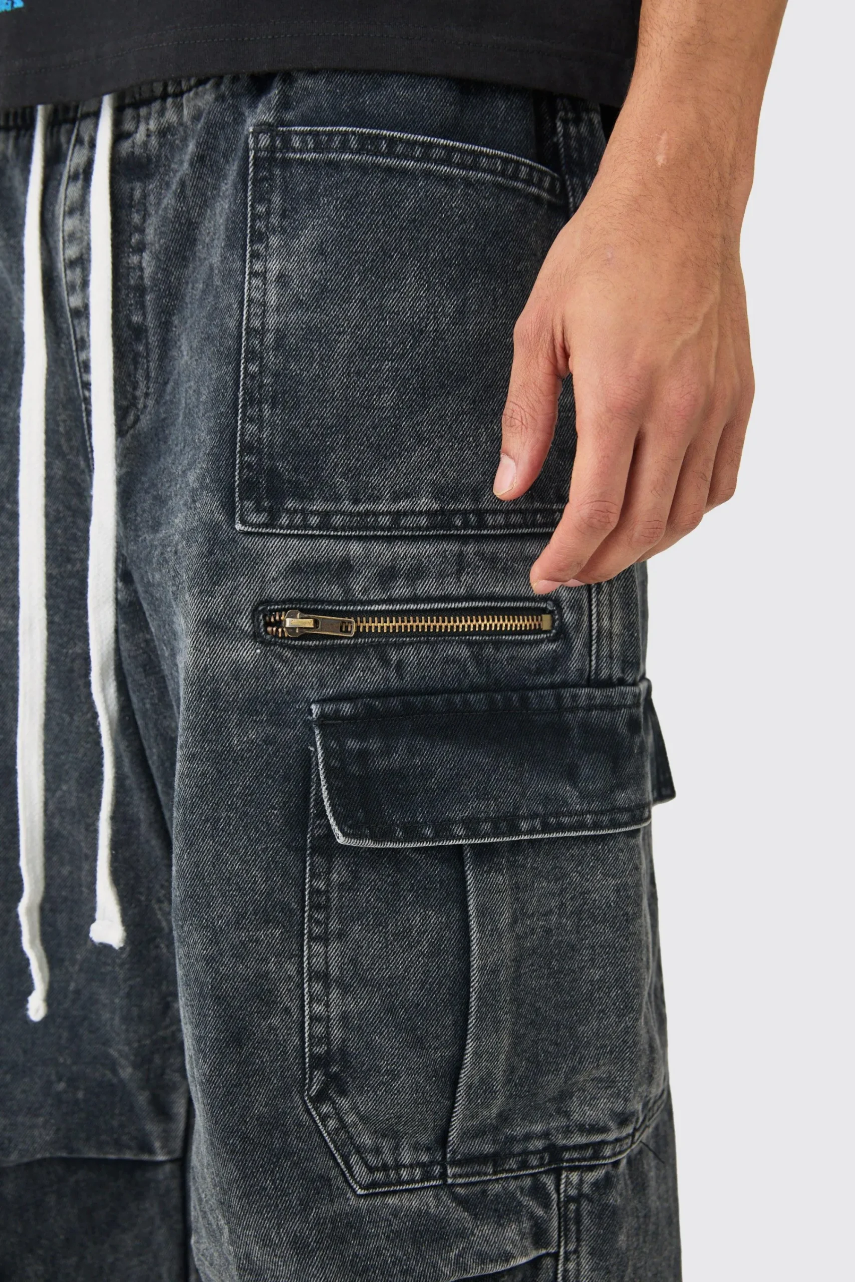 boohooMAN Elastic Waist Acid Wash Parachute Cargo Jeans In | UK| Trousers|Jeans