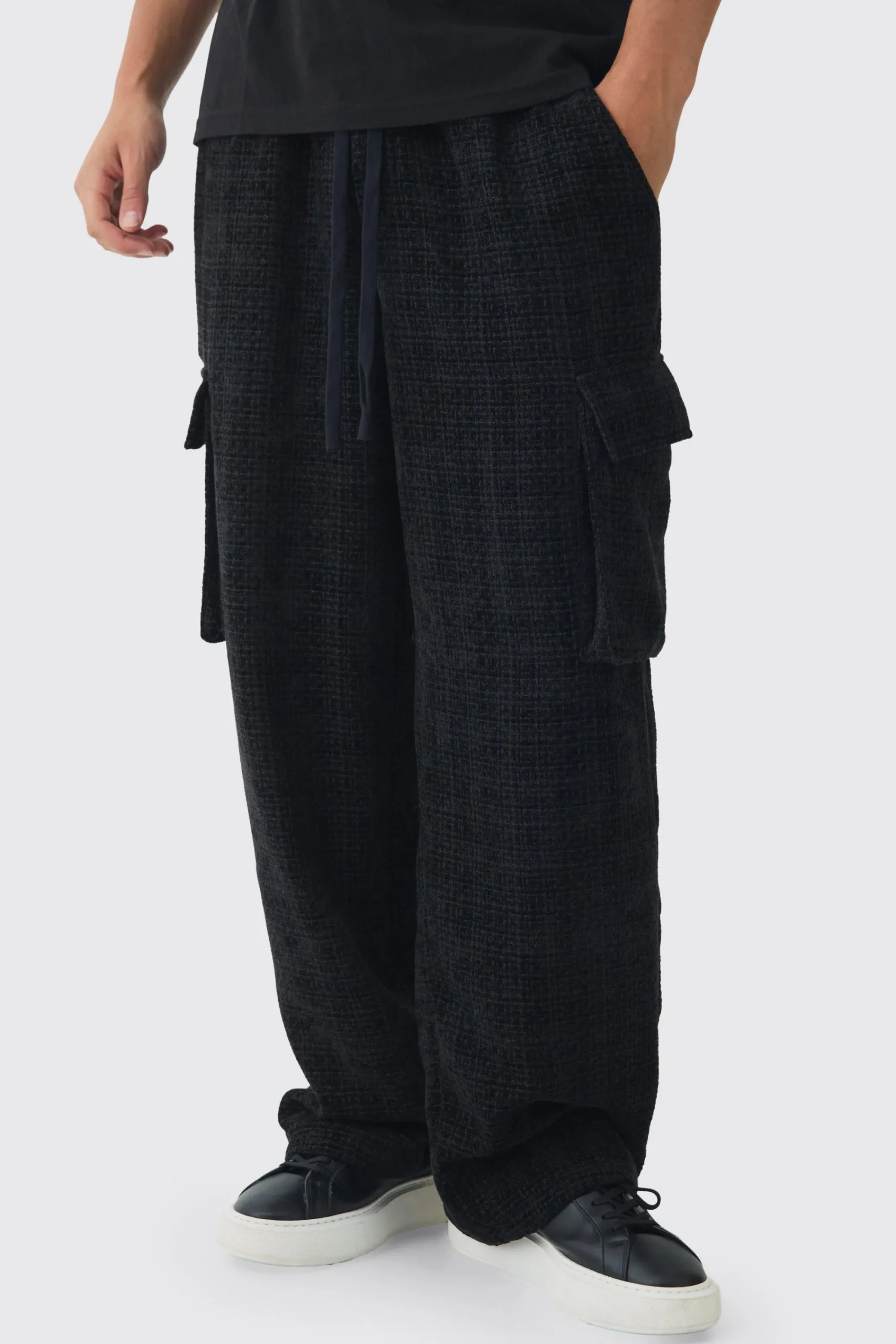 boohooMAN Elasticated Waist Baggy Boucle Cargo Pocket Trousers | UK| Trousers
