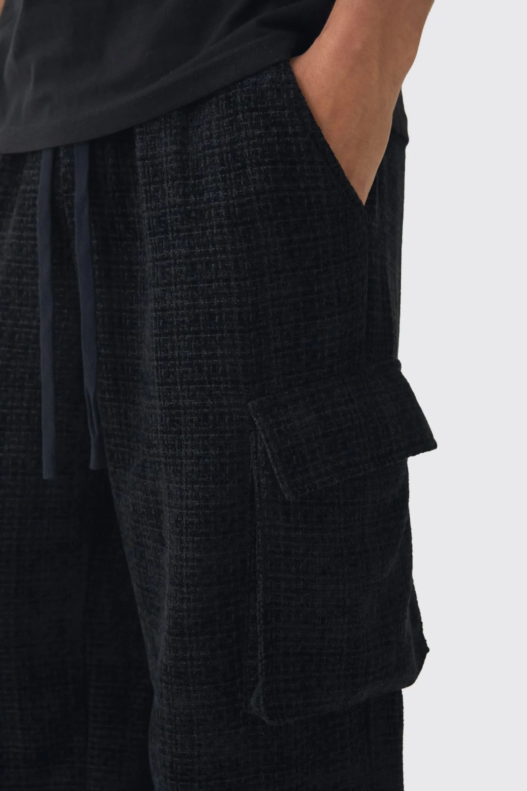 boohooMAN Elasticated Waist Baggy Boucle Cargo Pocket Trousers | UK| Trousers