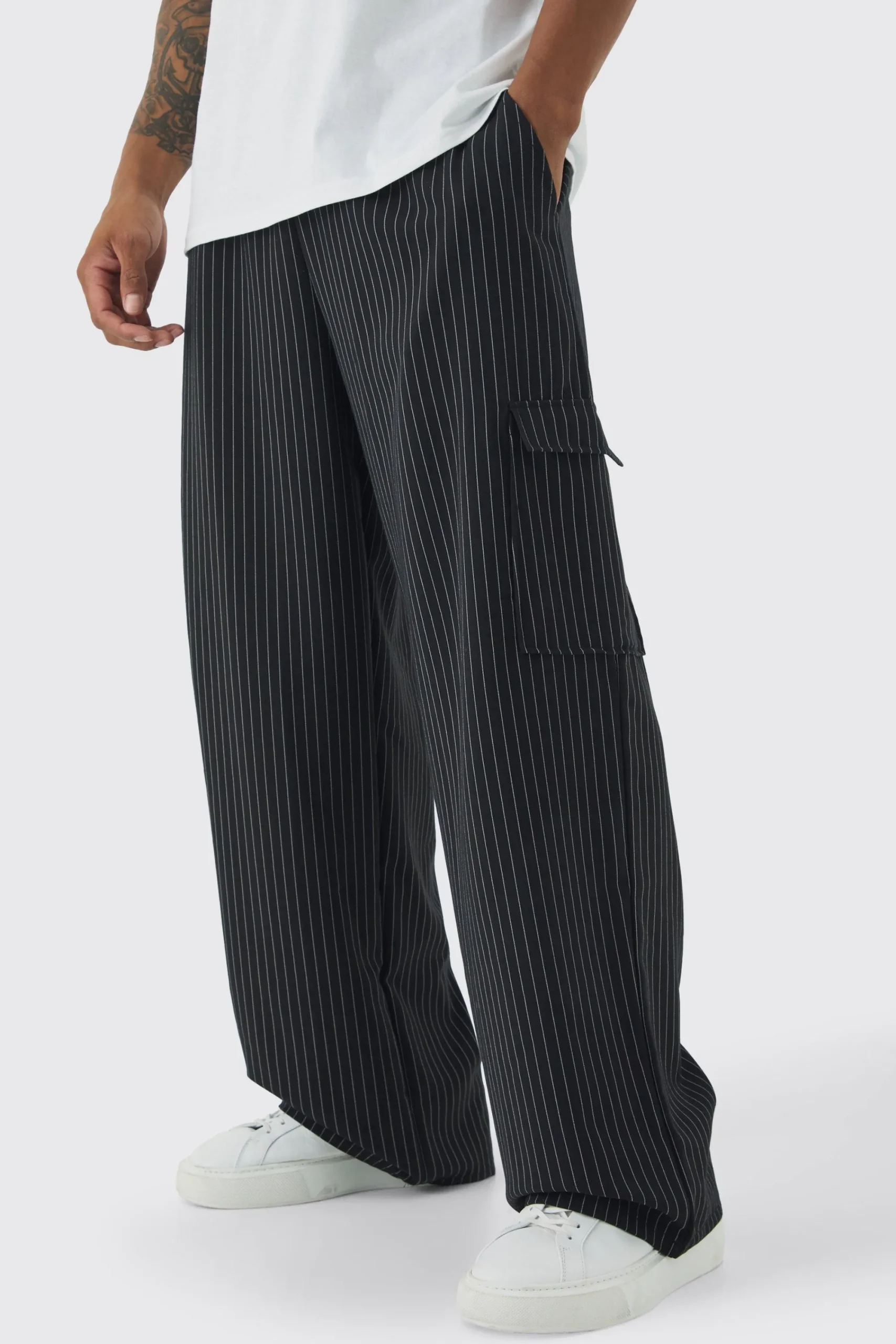 boohooMAN Elasticated Waist Baggy Pinstripe Cargo Trousers | UK| Trousers|Cargos