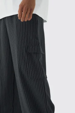 boohooMAN Elasticated Waist Baggy Pinstripe Cargo Trousers | UK| Trousers|Cargos