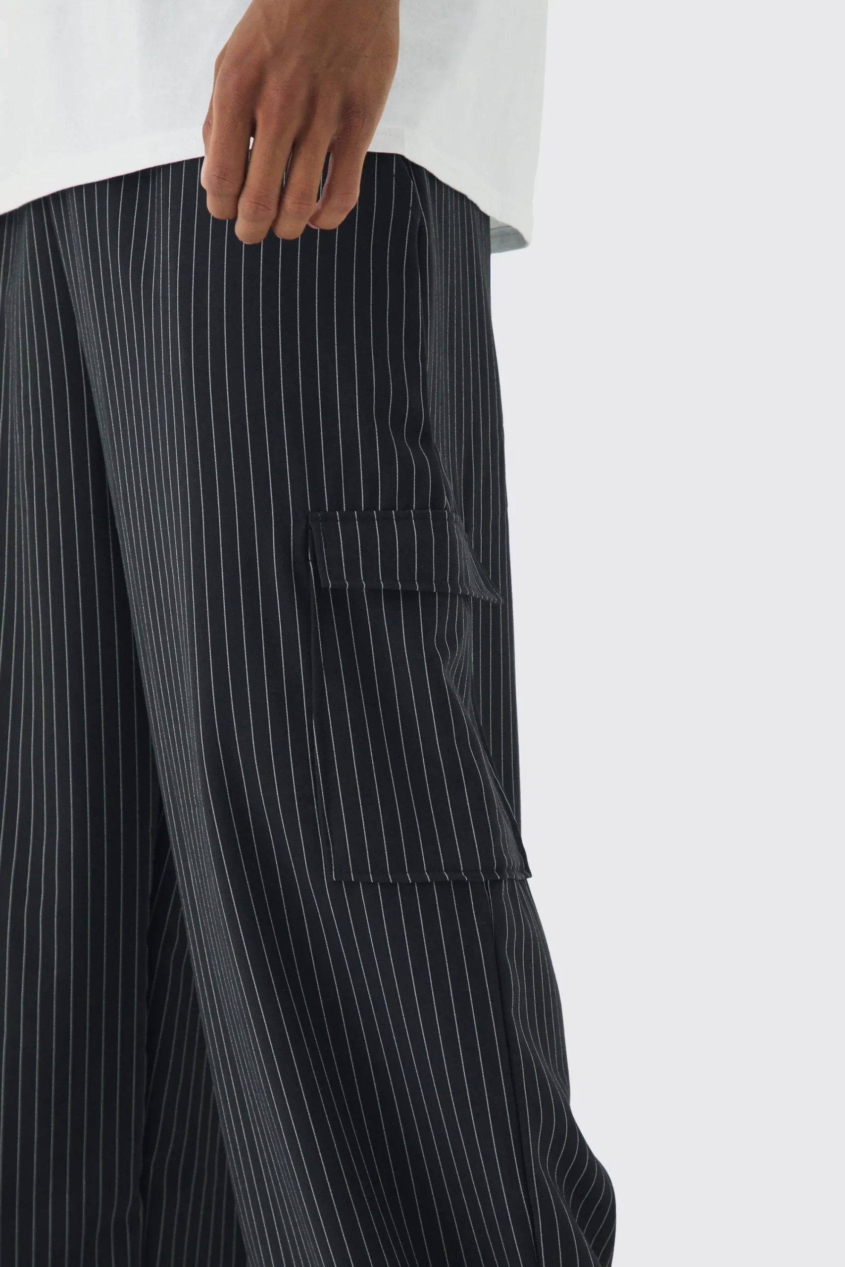 boohooMAN Elasticated Waist Baggy Pinstripe Cargo Trousers | UK| Trousers|Cargos