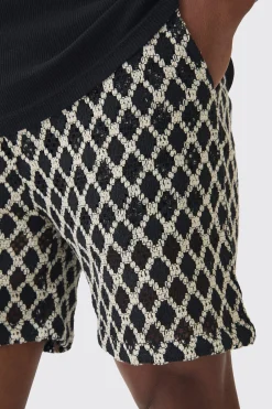 boohooMAN Elasticated Waist Diamond Crochet Bermuda Shorts | UK| Shorts