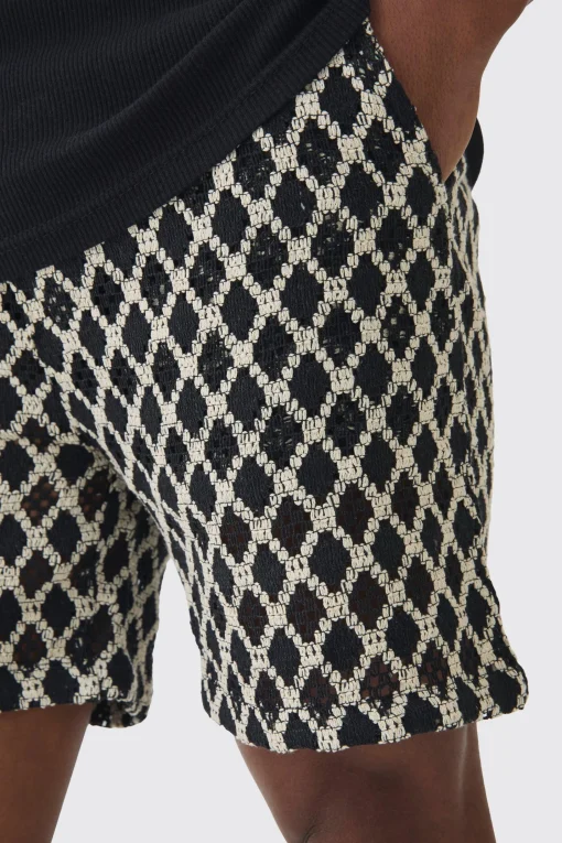 boohooMAN Elasticated Waist Diamond Crochet Bermuda Shorts | UK| Shorts