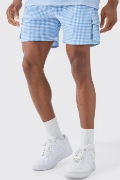 boohooMAN Elasticated Waist Gingham Check Linen Look Relaxed Short In | UK| Shorts