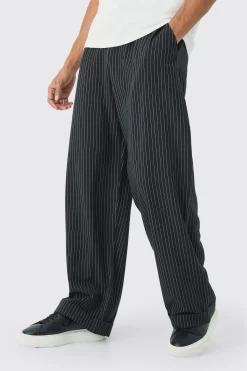 boohooMAN Elasticated Waist Relaxed Pinstripe Turn Up Hem Trousers | UK| Trousers