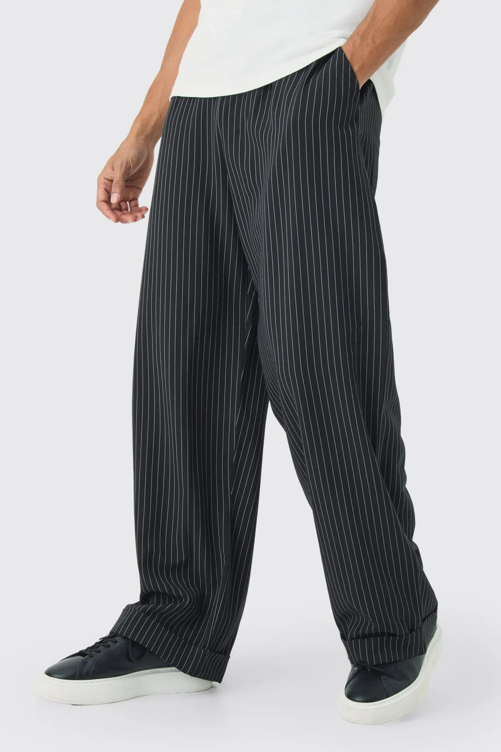 boohooMAN Elasticated Waist Relaxed Pinstripe Turn Up Hem Trousers | UK| Trousers