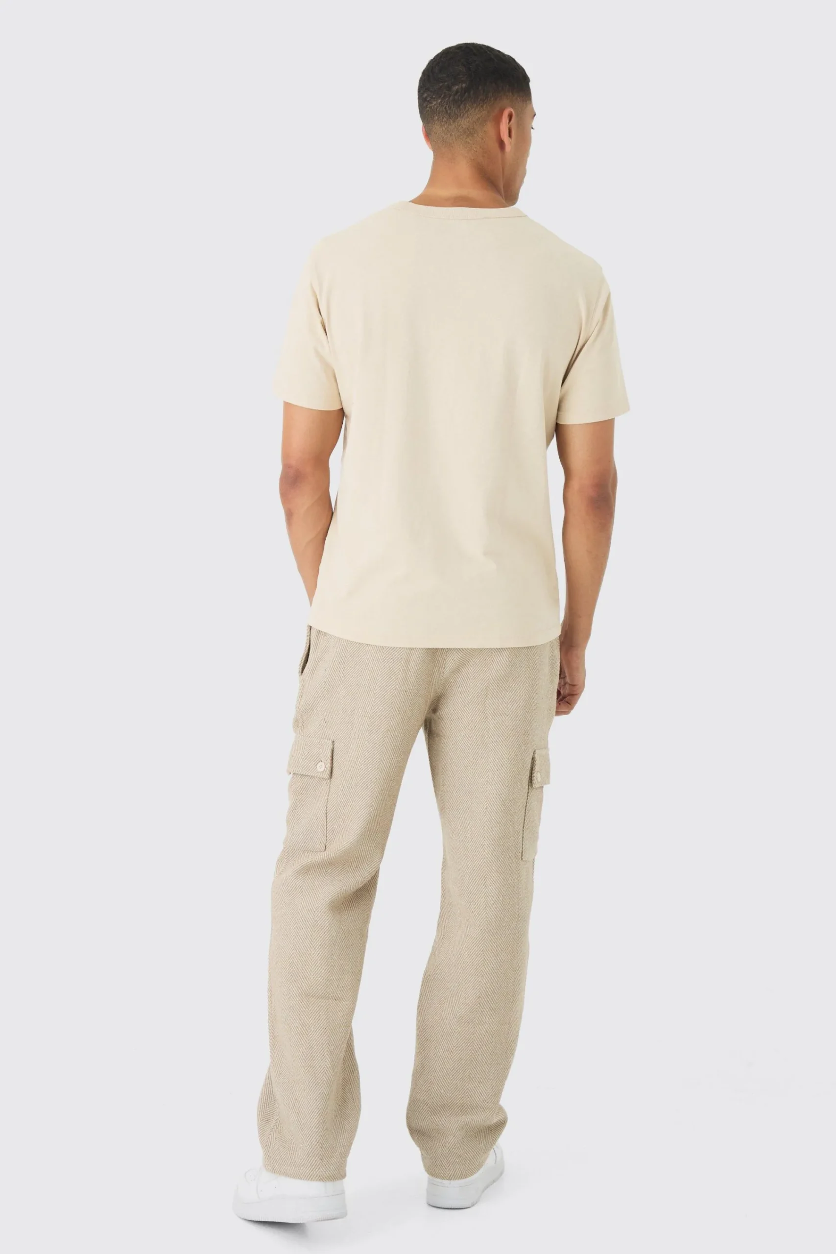 boohooMAN Elasticated Waist Relaxed Herringbone Textured Cargo Trousers | UK| Trousers|Cargos