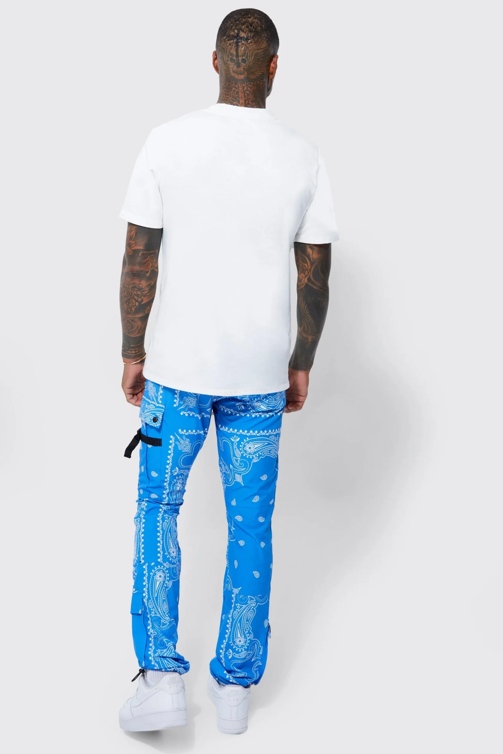 boohooMAN Elasticated Waist Slim Fit Bandanna Print Cargo Trousers | UK| Trousers