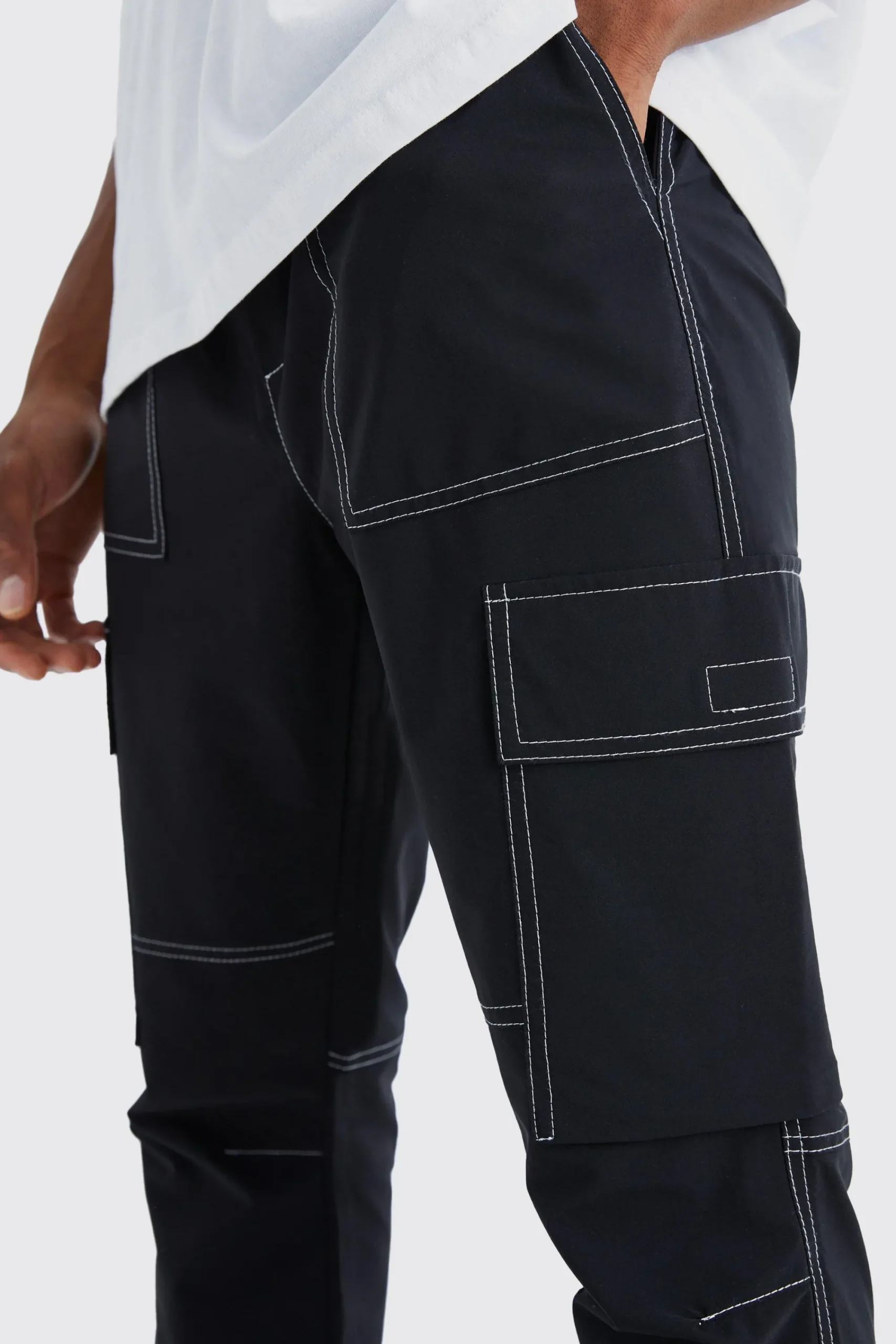 boohooMAN Elasticated Waist Slim Flare Contrast Stitch Cargo Trouser | UK| Trousers|Cargos