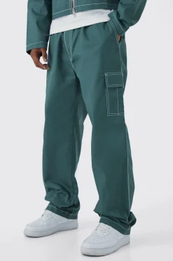 boohooMAN Elasticated Waistband Twill Contrast Stitch Relaxed Cargo | UK| Trousers