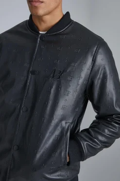 boohooMAN Embossed Pu Varsity Jacket With Badge | UK| Coats & Jackets