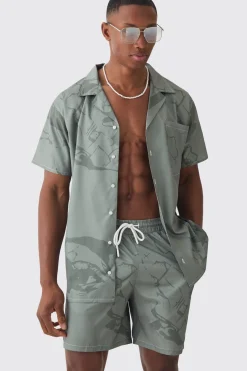boohooMAN Face Graphic Shirt & Swim Short Set | UK| Sets & Co-Ords