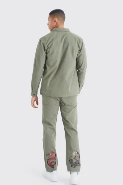 boohooMAN Fixed Waist Embroidered Twill Straight Leg Trouser | UK| Sets & Co-Ords